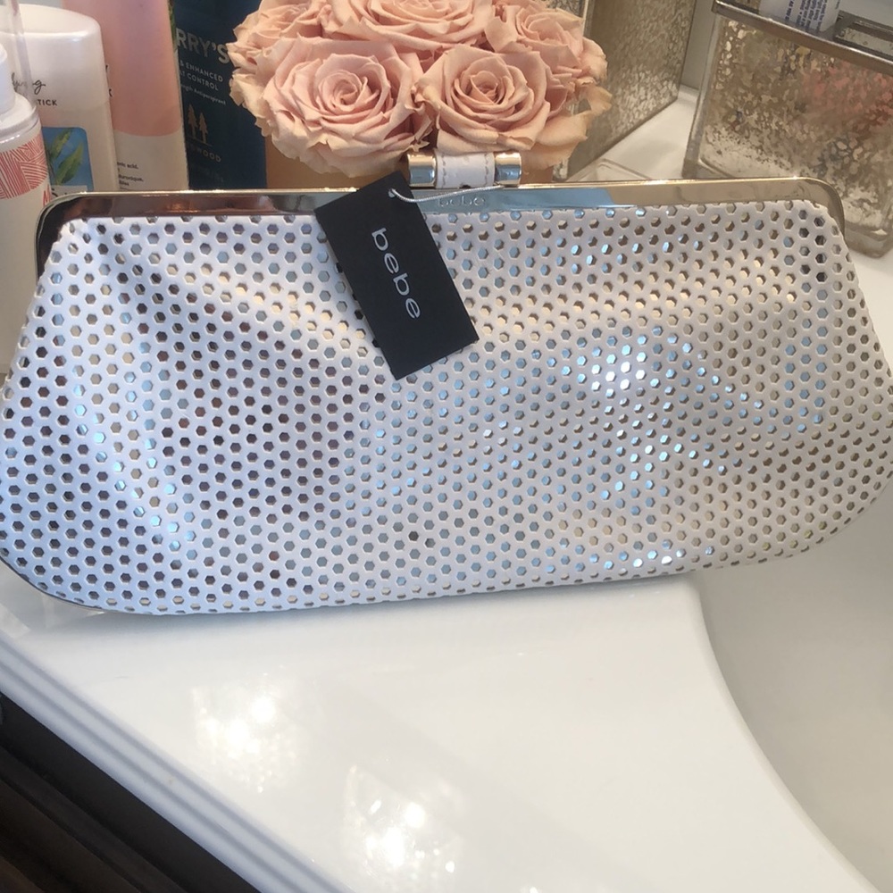 Bebe Maggie Mirrored Clutch Evening Mesh White New